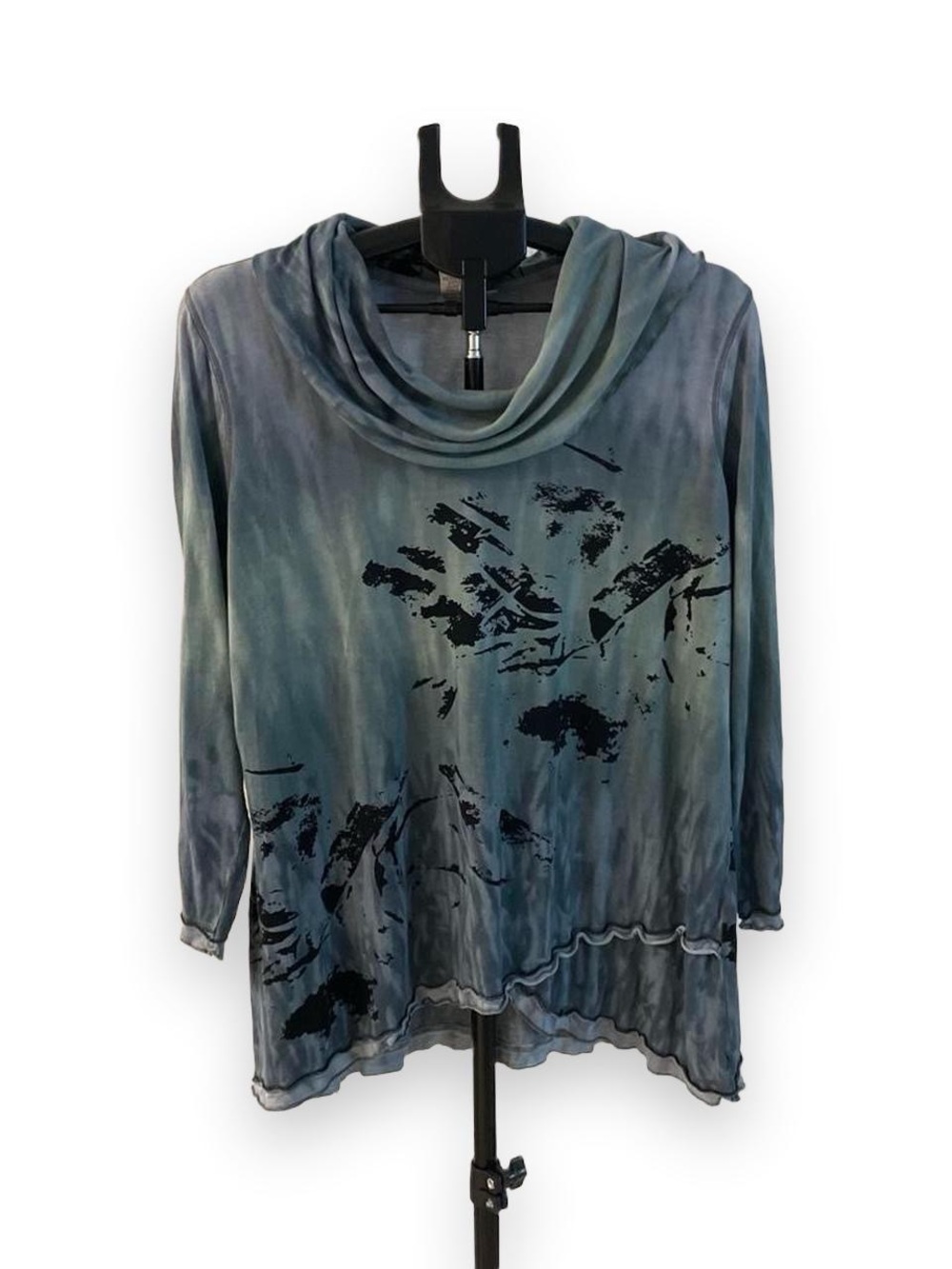 Parsley & Sage Blue-Green Cowl Neck Long Sleeve Tunic with Black Abstract Print